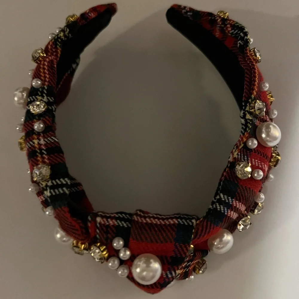 Holiday Top Knot Tartan Plaid Headband Faux  Pearls and Gold Accents—NEW—